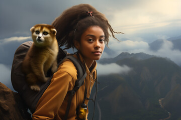 Un lémurien au pelage doré aide une jeune fille aventurière à grimper la montagne sauvage