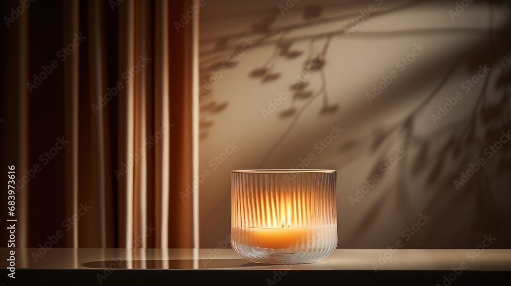 Poster a lit candle sits on a table in front of a window with a shadow of a plant on the wall.