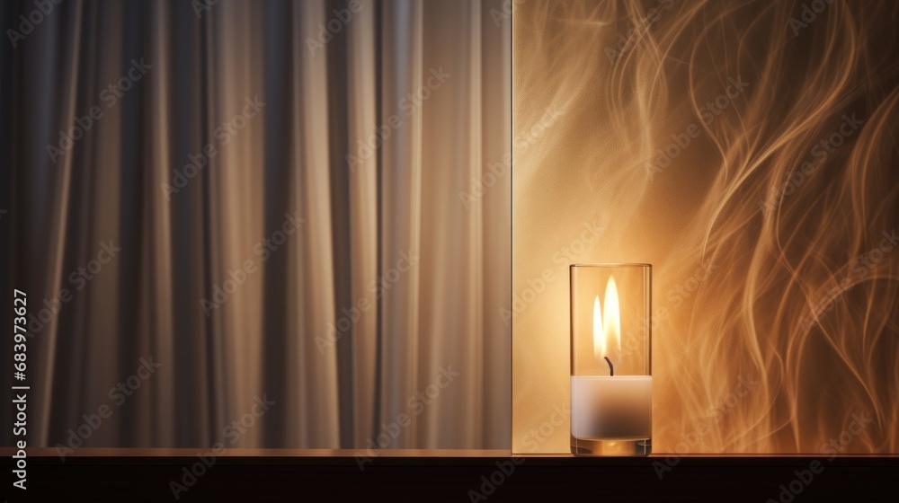 Aufkleber a lit candle sitting on top of a table next to a window covered in curtained drapes and a curtained 