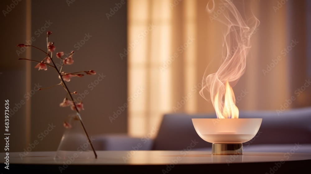 Poster a table with a bowl on it and a vase with a flower in it and a candle on top of it.