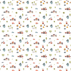 Cute village landscape Seamless Pattern, Cartoon country background, vector Illustration