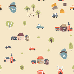 Fototapeta premium Cute village landscape Seamless Pattern, Cartoon country background, vector Illustration