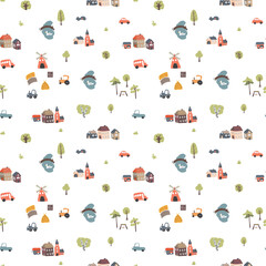 Cute village landscape Seamless Pattern, Cartoon country background, vector Illustration