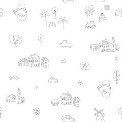 Fototapeta na wymiar Cute village landscape Seamless Pattern, Cartoon country background, vector Illustration