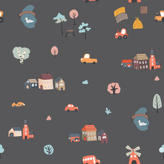 Cute village landscape Seamless Pattern, Cartoon country background, vector Illustration