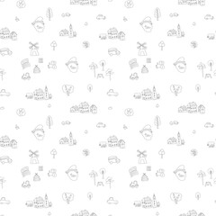 Cute village landscape Seamless Pattern, Cartoon country background, vector Illustration