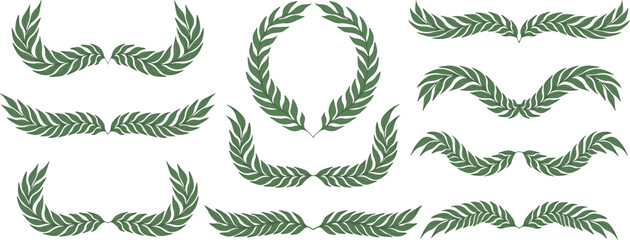 Set of green silhouette laurel foliate, wheat and olive wreaths depicting an award, achievement, heraldry, nobility. Vector illustration.