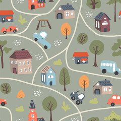 Cute city map Seamless Pattern, Cartoon town landscape background, vector Illustration.