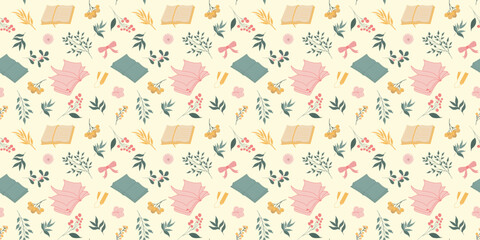 Books and flowers seamless pattern for print, textile, fabric. Hand drawn fashion illustration in soft colors