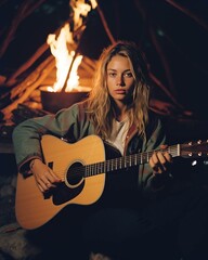 Obraz premium Woman playing guitar by a campfire