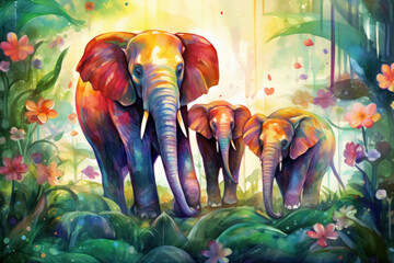 Colorful illustration family of elephants playing vibrant tropical jungle surrounded by blossoms and green plants