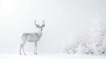  a white - tailed deer stands in front of a white background of snow - covered trees and snow - covered branches.