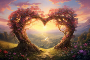 Fototapeta na wymiar Illustration in style of oil painting an elegant arch of intertwining vines in shape of heart with blooming flowers on background of meadow illuminated by soft evening light