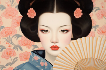 Illustration close up portrait of young geisha woman, in blue kimono, with white face, beautiful hairstyle and an open fan in her hands