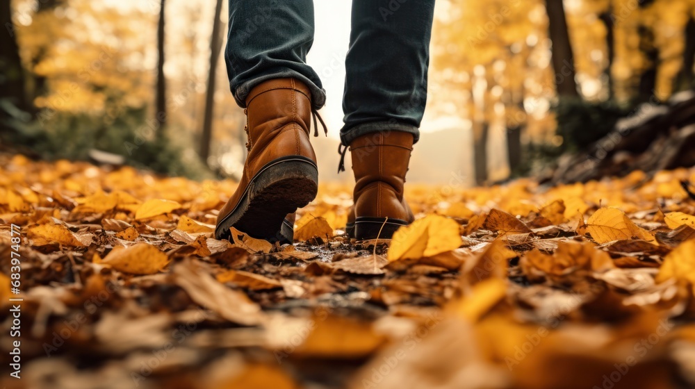 Poster a person walking down a leaf covered path in a forest with yellow leaves on the ground and trees in 