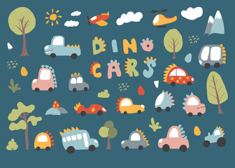 Cute Dino Cars collection, Cartoon dinosaur style transport set, vector Illustration © saint_antonio