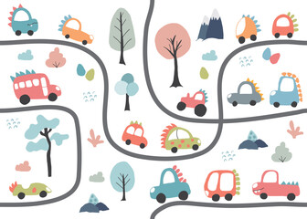 Cute Dino Cars collection, Cartoon dinosaur style transport set, vector Illustration © saint_antonio