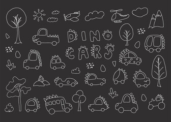Cute Dino Cars collection, Cartoon dinosaur style transport set, vector Illustration