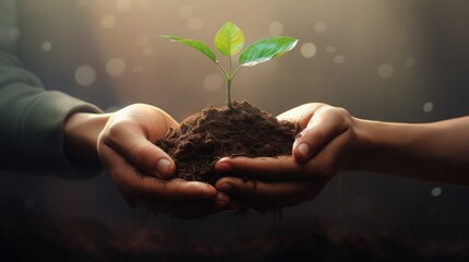  a person holding a plant in their hands with dirt on the ground and sunlight shining on the ground behind them.