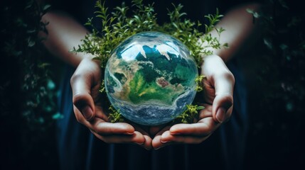  two hands holding a green globe in the palm of a person's hands with plants growing out of it.