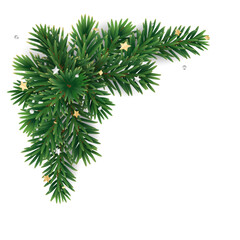 Christmas tree decoration on transparent background, vector illustration. Holiday fir tree garland, festive Christmas corner. Winter season frame, realistic spruce branch with golden confetti.