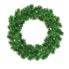 Christmas wreath on transparent background, vector illustration. Christmas tree decoration. Holiday fir tree garland. Festive winter season frame, realistic spruce branches with golden confetti. © Olga Prozorova