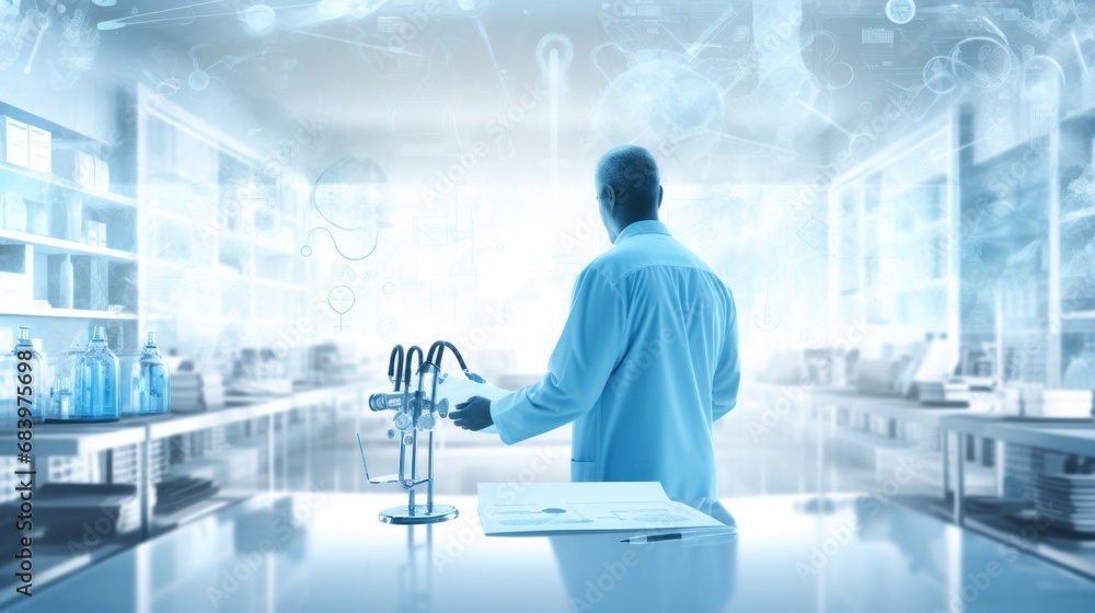 Poster a man in a lab coat standing in front of a microscope in a room filled with shelves of laboratory eq