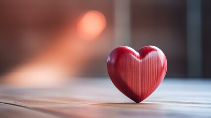 Close up of a light red Heart on a wooden Table. Blurred Background