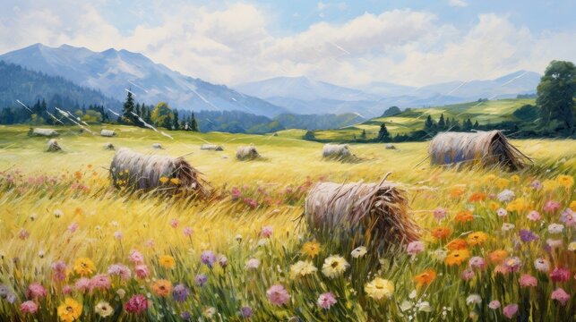  a painting of hay bales in a field with wildflowers in the foreground and mountains in the background.