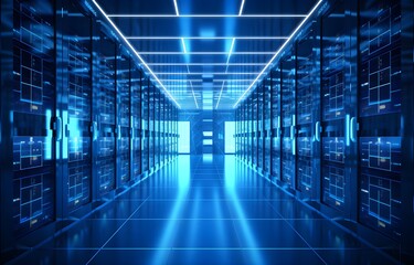 Fototapeta premium Dark servers data center room with computers and storage systems and blue glowing elements.