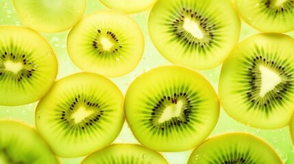  a bunch of kiwi slices sitting on top of a green surface with drops of water on the top of them.