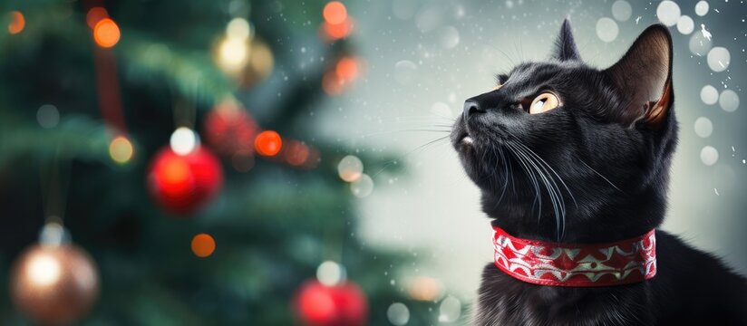 In the midst of a winter wonderland, a black cat with green eyes playfully swats at a dangling ribbon adorning a beautifully decorated Christmas tree, surrounded by twinkling lights. Nearby, a cute