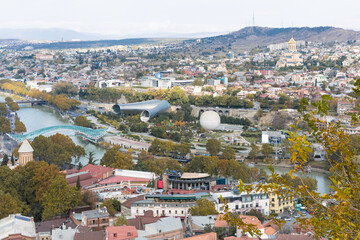 panoramic view of Tbilisi, the old city and modern buildings, churches and the river
