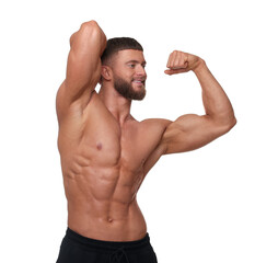 Young bodybuilder with muscular body on white background