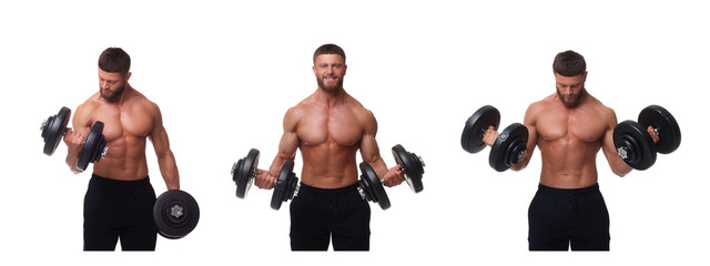 Handsome bodybuilder training on white background, set of photos