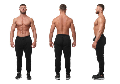 Handsome bodybuilder on white background. Front, side and back photos
