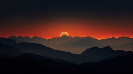  the sun setting over a mountain range with mountains in the foreground and a bird flying in the foreground.