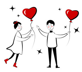 Boy and girl with balloon on white background