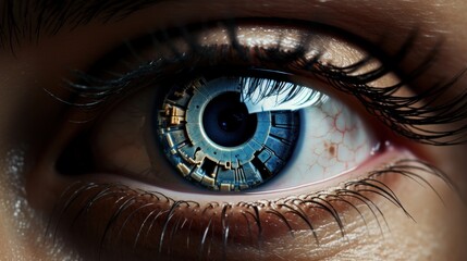  a close up of a person's eye with the reflection of a clock in the iris of the eye.