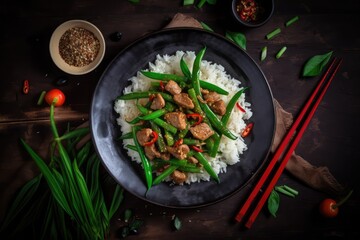 Pork Stir Fry with Green Beans, Thai Rice and Meat, Asian Lunch, Traditional Asian Fried Meat Dinner