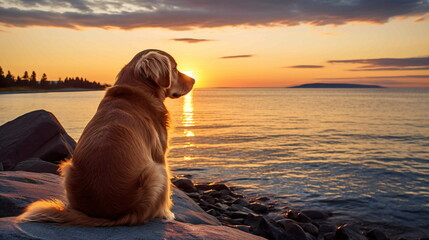 A labrador dog sitting at the beach looking at the sunset