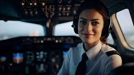 A pilot woman smiling in the cockpit of a plane - obrazy, fototapety, plakaty