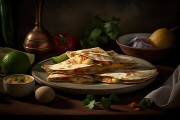 Mexican Quesadilla, Tortilla with Cheese, Meat, Traditional Mexican Quesadilla Lunch, Generative AI