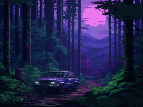 Pixel art of a retro car in the middle of a purple forest
