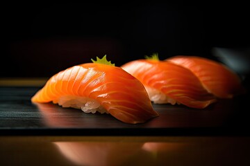 Salmon Sushi on Dark Background, Salmon Susi Lunch, Nori Maki, Nigiri Sushi Roll, Japanese Seafood