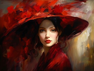 An oil painting portrait of a woman wearing a big red hat