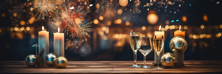 Champagne glasses on table with fireworks background - obrazy, fototapety, plakaty