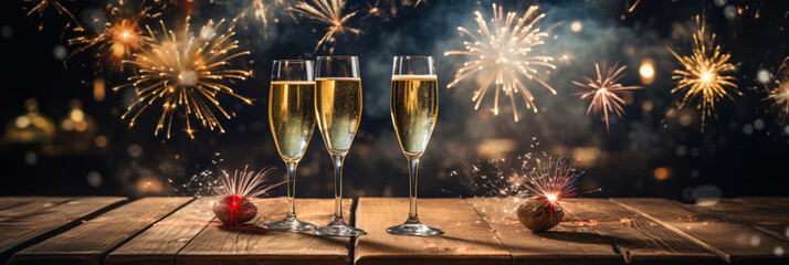 Champagne glasses with fireworks background - obrazy, fototapety, plakaty