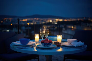 Fototapeta premium Served Dinner Table on Roof Terrace, Evening Food with Wine, Romantic Candles, Old Town View