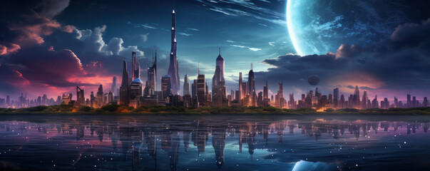 Obraz premium Futuristic vision of skyscrapers landscape reflecting on water surface with blue and purple sky and clouds. Generative AI